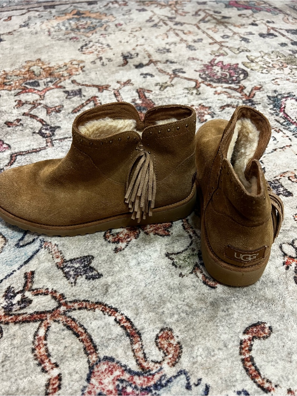 UGG Chestnut Suede Fringe Shearling Ankle Boots